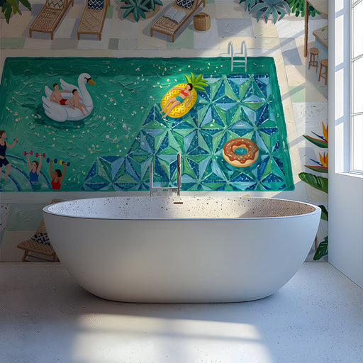 A bathroom decorated with the pool scene, bringing a cheerful and vacation-inspired vibe to the space.