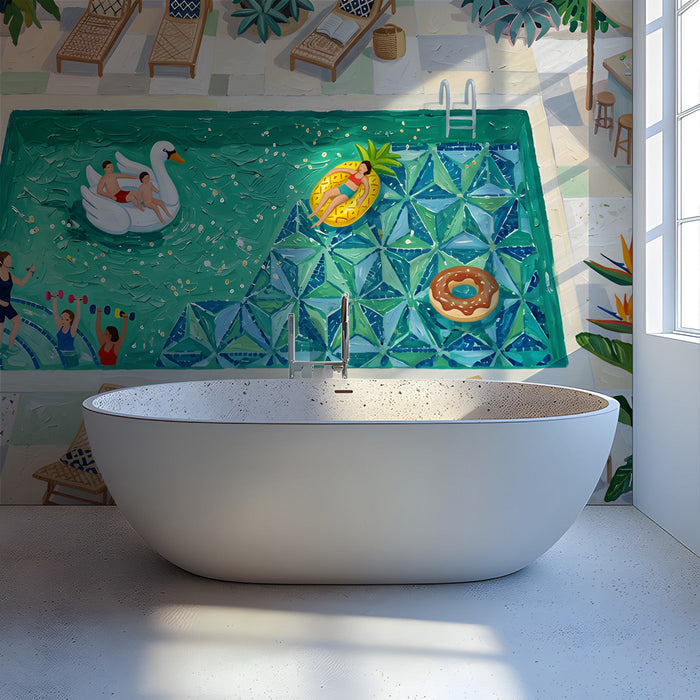 A bathroom decorated with the pool scene, bringing a cheerful and vacation-inspired vibe to the space.