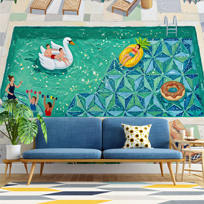 A bright entryway featuring the poolside mural, creating a fun and social atmosphere for guests.