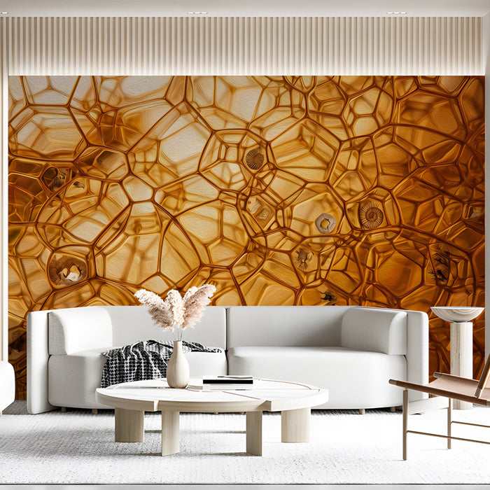 A moody dining room wall featuring the intricate bronze and ochre cellular mural design.