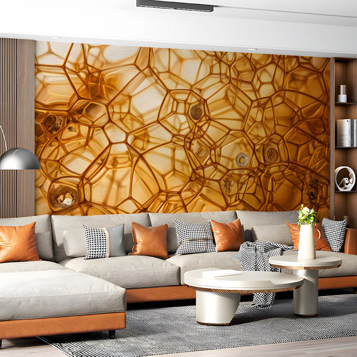 A sophisticated living room featuring the amber geometric mural behind a dark wood coffee table.