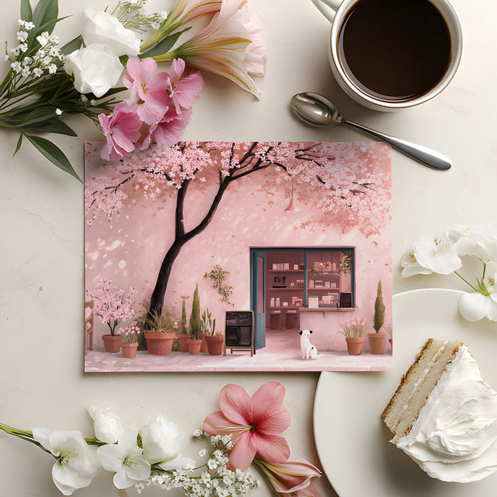 A bright dining room featuring a whimsical café scene mural with pink floral accents.