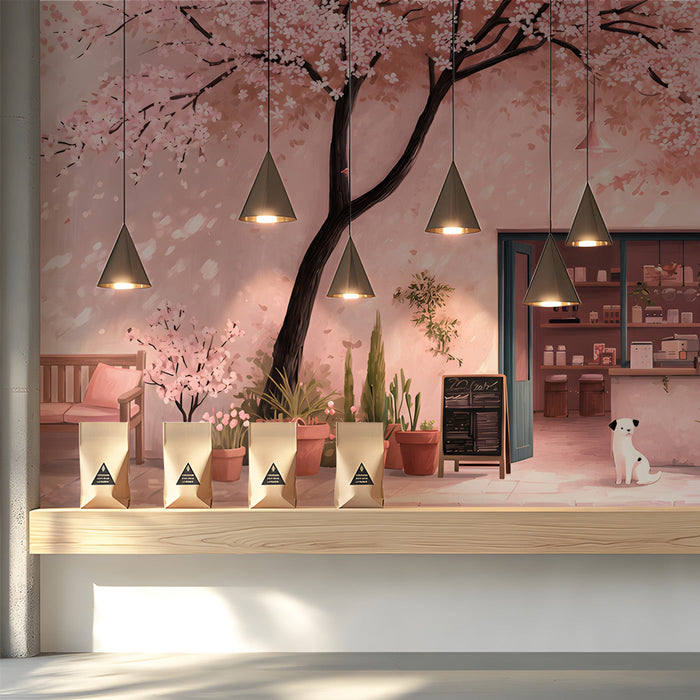 A serene shop space decorated with a delicate painterly cherry blossom wallpaper mural.