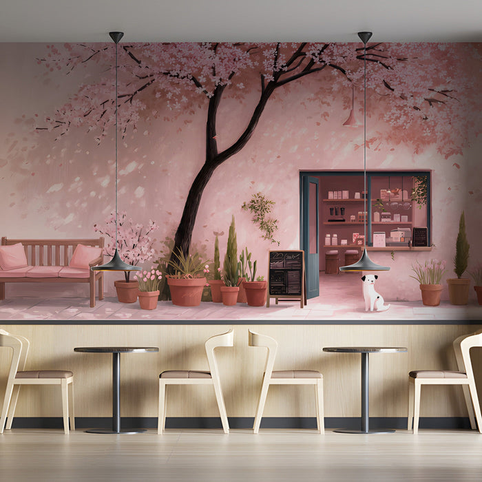 A cozy cafe wall featuring a soft pink cherry blossom landscape mural.