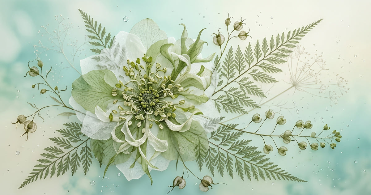Botanical wall mural with white flowers and green ferns on a soft mint and blue watercolor background