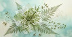 Botanical wall mural with white flowers and green ferns on a soft mint and blue watercolor background