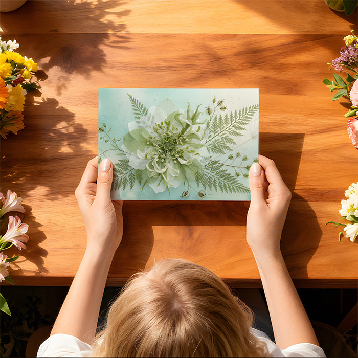 Close up of nature-inspired mural with delicate fern motifs in a light and airy home office setting