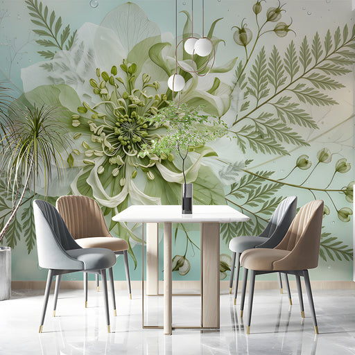 Elegant floral and fern wallpaper design displayed in a bright, modern dining room with wood furniture