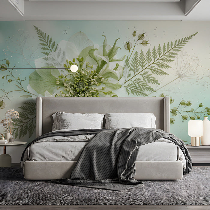 Soft green botanical floral mural installed as a feature wall in a tranquil minimalist bedroom