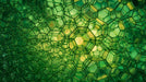 Abstract cellular network wallpaper featuring dark green pentagonal grid lines with glowing lime and ochre centers.