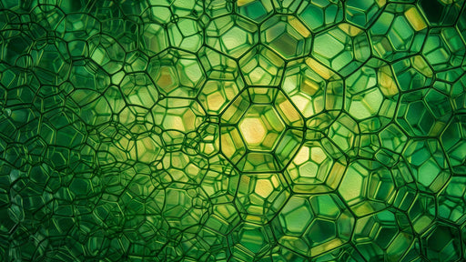 Abstract cellular network wallpaper featuring dark green pentagonal grid lines with glowing lime and ochre centers.