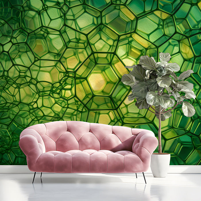 Abstract bubble-like mural wallpaper displayed in a minimalist hallway to create a dramatic entry.