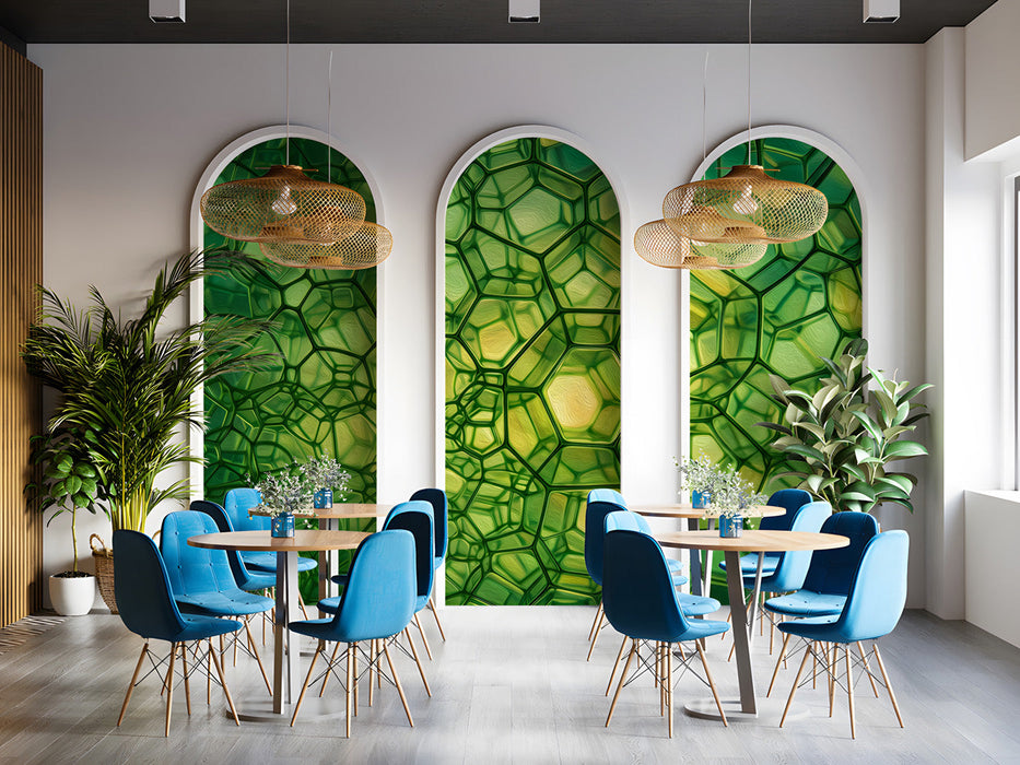 Green geometric cellular wallpaper installed on the main wall of a modern cafe with wooden desk.