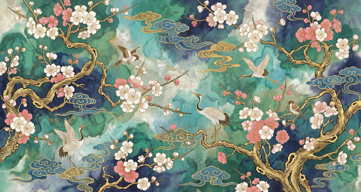 A Chinoiserie mural wallpaper featuring elegant white cranes and pink cherry blossoms on a swirling deep blue and emerald ink wash background with golden cloud motifs.