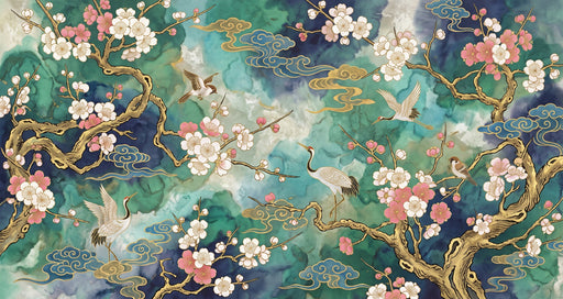 A Chinoiserie mural wallpaper featuring elegant white cranes and pink cherry blossoms on a swirling deep blue and emerald ink wash background with golden cloud motifs.