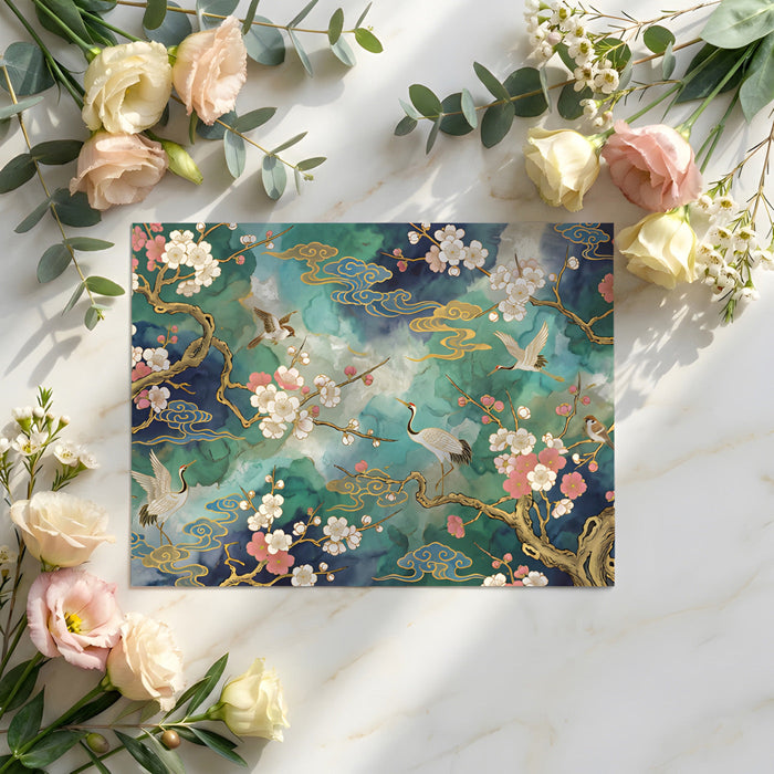 A serene bedroom with a crane and cherry blossom mural, styled with neutral bedding to highlight the rich blue and green ink patterns.