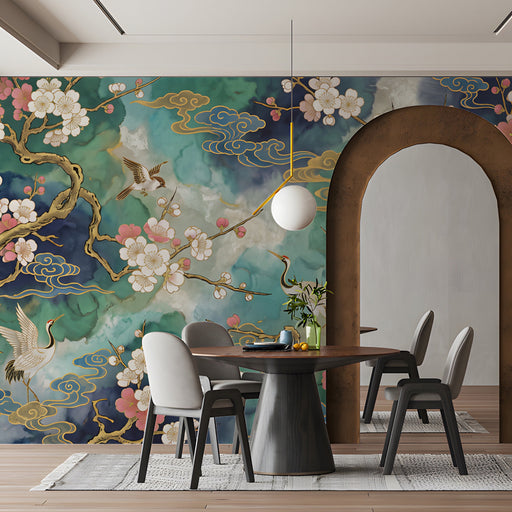 A sophisticated dining room space showing a wall with a Chinoiserie crane and blossom mural, creating a calm and artistic focal point.