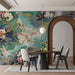 A sophisticated dining room space showing a wall with a Chinoiserie crane and blossom mural, creating a calm and artistic focal point.