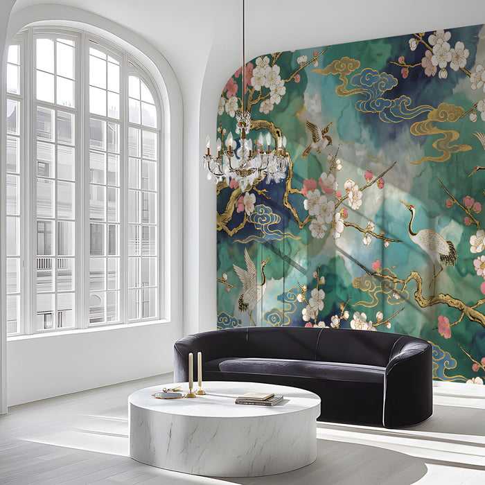 A formal hallway featuring a Chinoiserie mural with cranes and blossoms on an emerald and indigo ink wash wall.