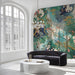 A formal hallway featuring a Chinoiserie mural with cranes and blossoms on an emerald and indigo ink wash wall.