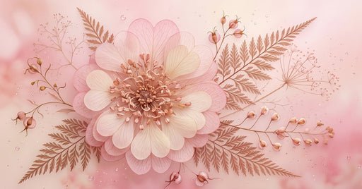 A soft, romantic wallpaper mural featuring a large heart-shaped blush pink flower surrounded by delicate fern fronds and dew drops.