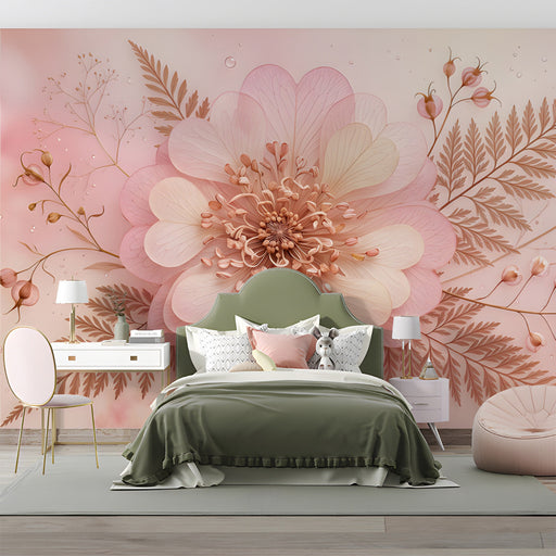 A relaxing bedroom with pink-toned floral wallpaper and elegant cream furniture.