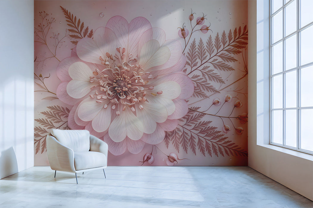 A cozy study featuring a soft blush floral wallpaper wall behind a white wooden crib.