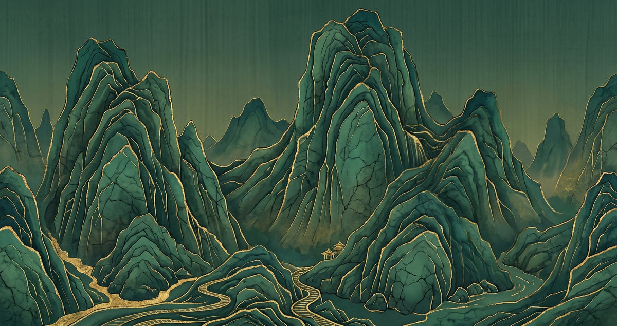 Abstract mountain landscape mural with deep green peaks and golden ridge highlights