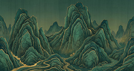 Abstract mountain landscape mural with deep green peaks and golden ridge highlights