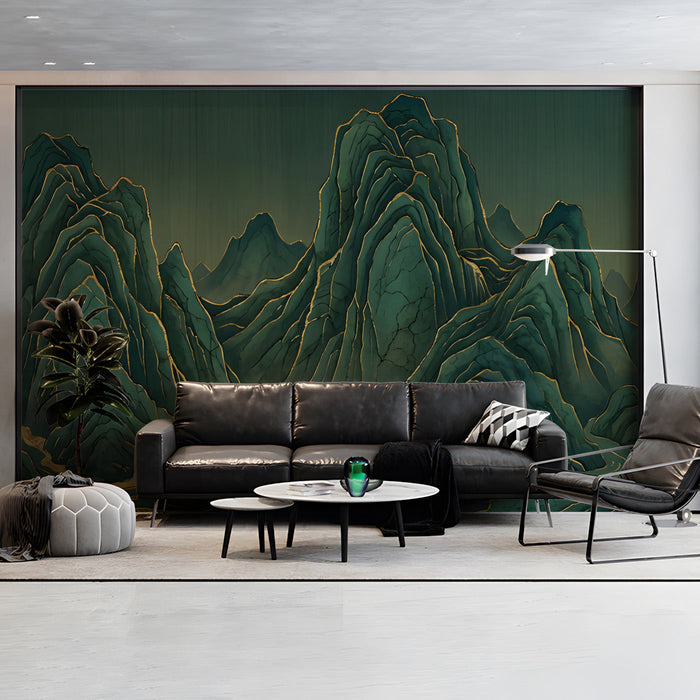 Elegant living room with a green mountain wallpaper mural feature wall