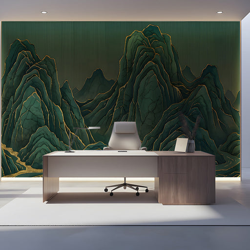 Moody office featuring a green and gold mountain wall mural behind a bed