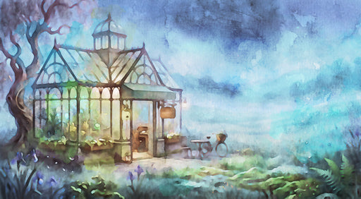 A watercolor mural of a glowing Victorian greenhouse in a misty, blue-toned garden landscape.