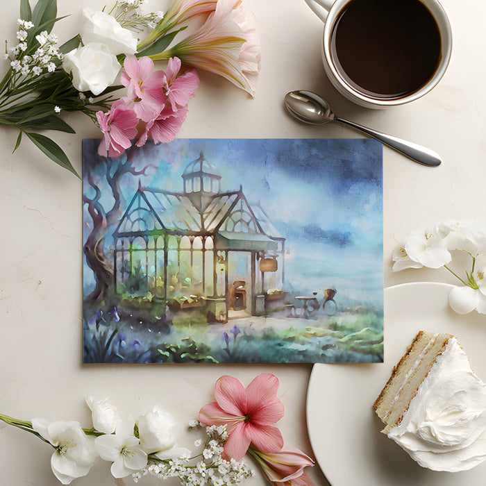 A quiet home office featuring the misty garden mural as a calming backdrop behind a wooden desk.