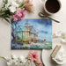 A quiet home office featuring the misty garden mural as a calming backdrop behind a wooden desk.