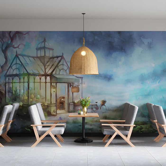The watercolor landscape wallpaper applied in a cafe to create a peaceful garden escape.