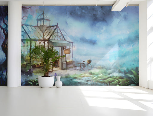 The greenhouse mural installed in a cozy study with soft lighting and neutral bedding.