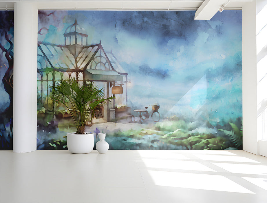 The greenhouse mural installed in a cozy study with soft lighting and neutral bedding.