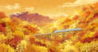 Impressionistic painting of a train on a bridge surrounded by orange and yellow autumn trees