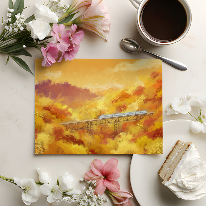 A sunlit home office interior showcasing a vibrant golden mountain train wall mural