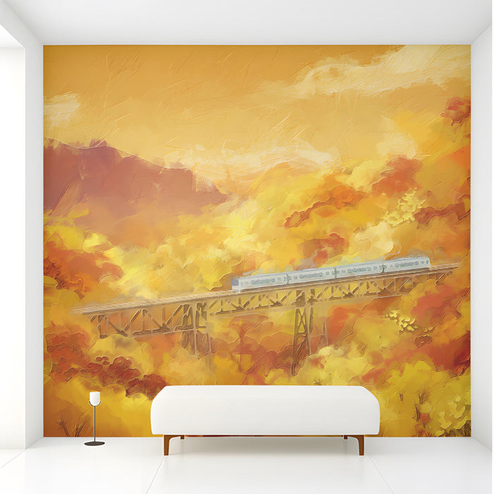 A relaxing reading nook styled with warm autumn colors and a painterly landscape mural