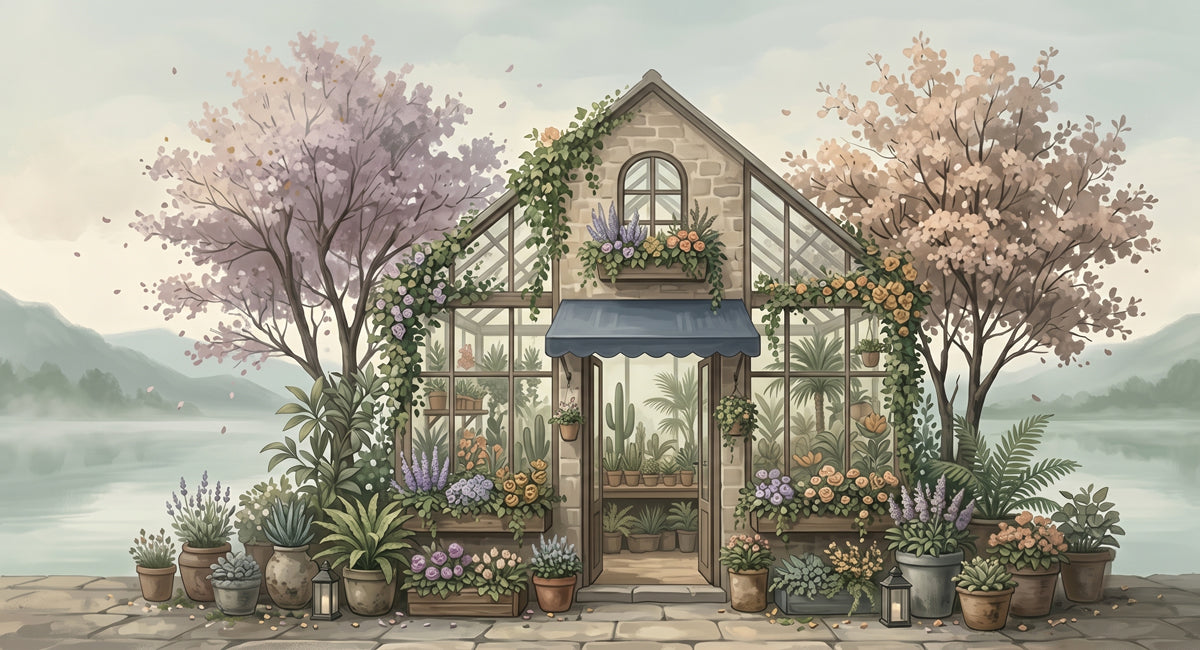 A whimsical mural wallpaper design featuring a stone greenhouse filled with plants by a serene misty lake.