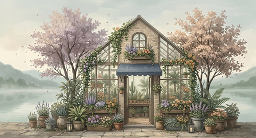 A whimsical mural wallpaper design featuring a stone greenhouse filled with plants by a serene misty lake.