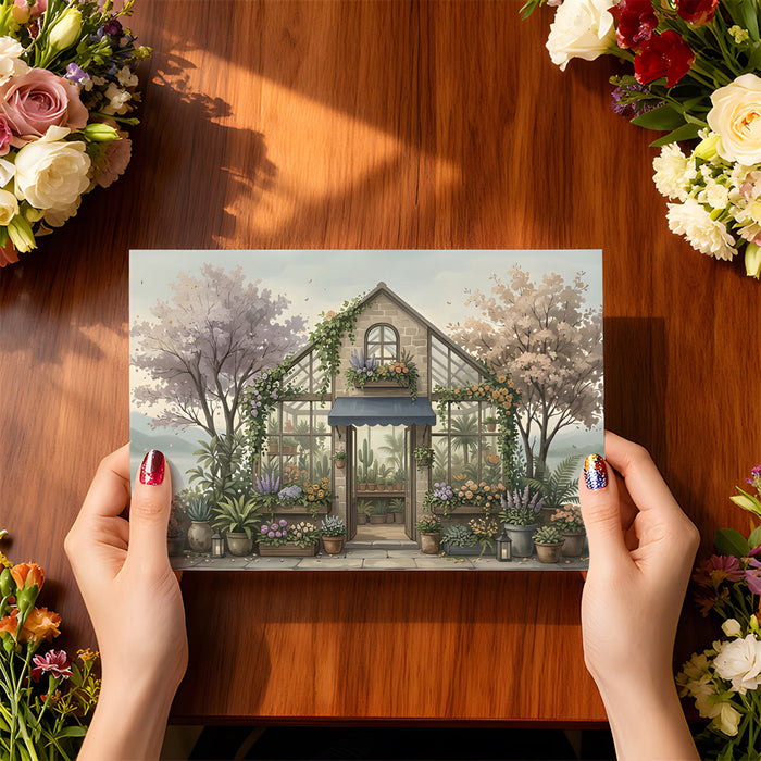 A bright bedroom wall featuring a romantic greenhouse mural, accented with light wood furniture.