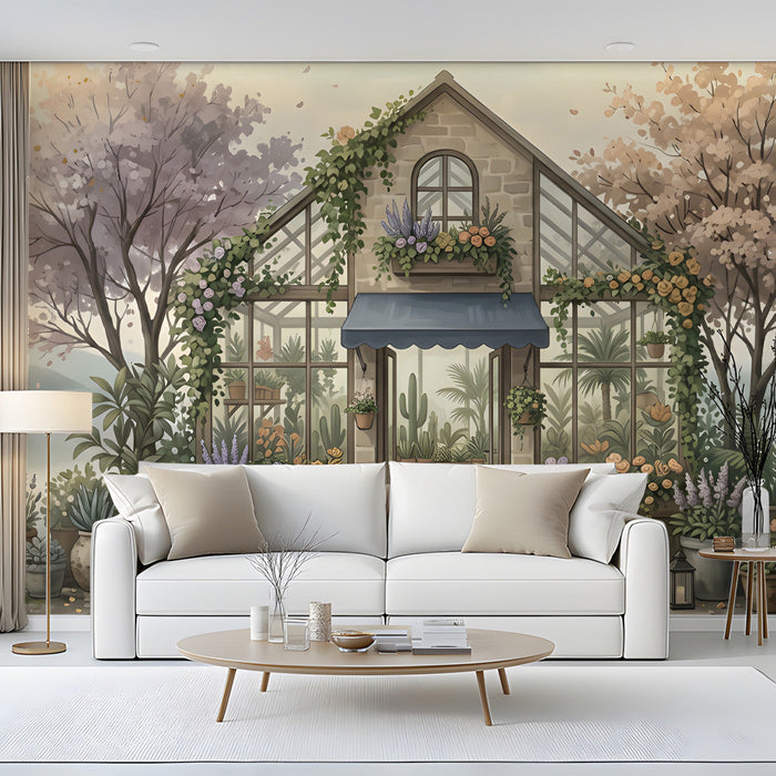 A quiet living room corner adorned with an impressionistic garden greenhouse wallpaper.