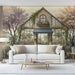 A quiet living room corner adorned with an impressionistic garden greenhouse wallpaper.