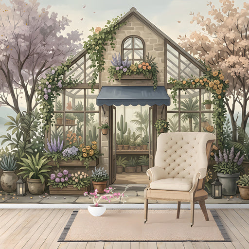 A reading nook wall decorated with a peaceful greenhouse garden mural, featuring soft floral tones.