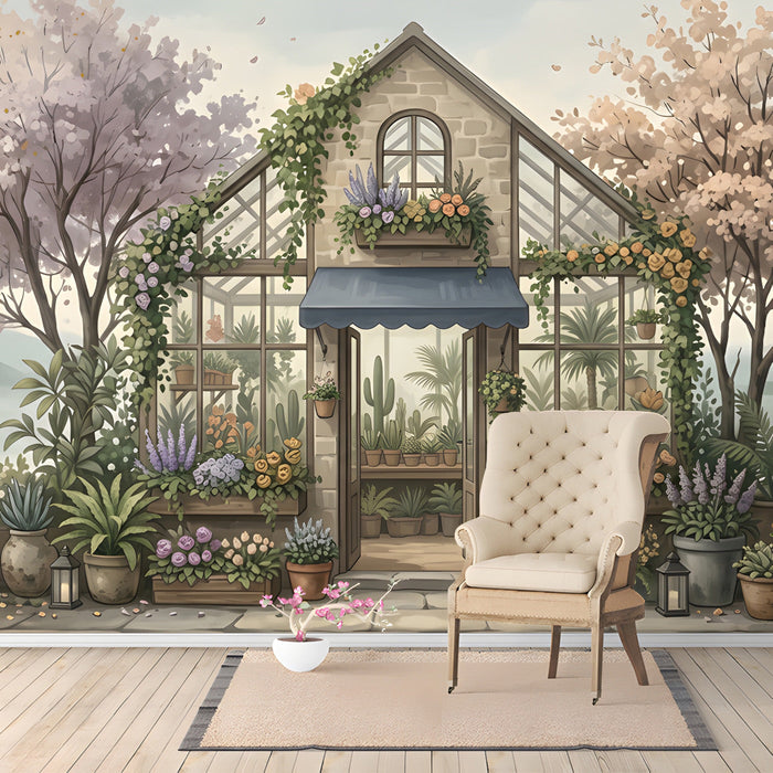 A reading nook wall decorated with a peaceful greenhouse garden mural, featuring soft floral tones.