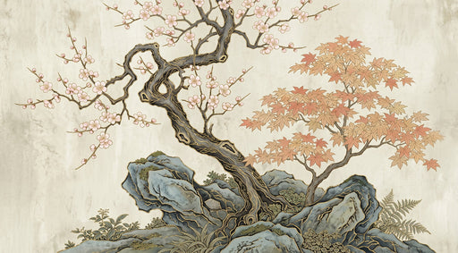 Hand-drawn Chinoiserie style mural featuring flowering branches, maple leaves, and slate-toned rocks on a textured plaster background.