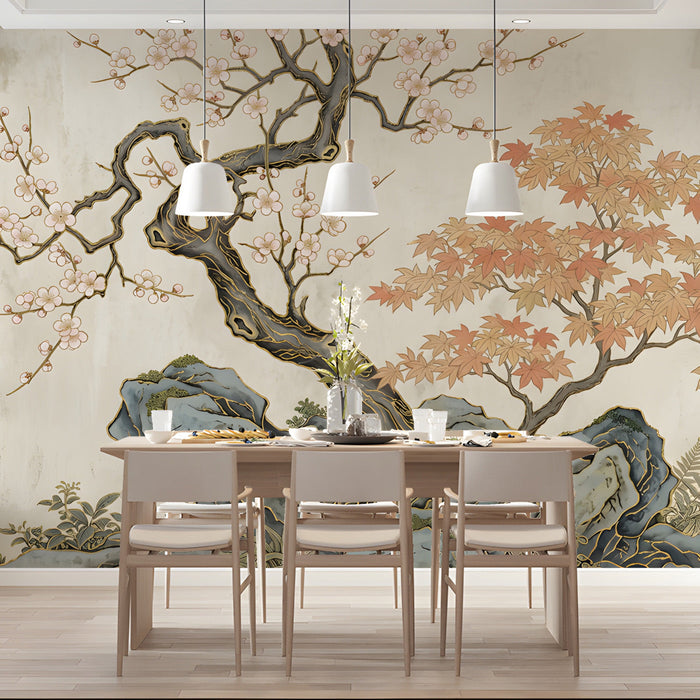 A serene dining  room setup with botanical wall art, featuring delicate tree branches and autumn colors.