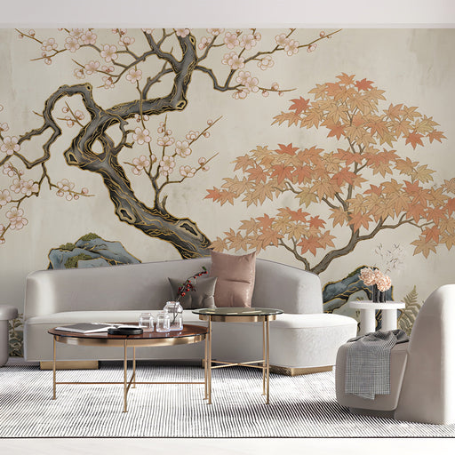 A peaceful living roomfeaturing an elegant blossom and stone mural above a cream-colored headboard.